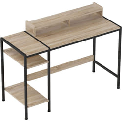 Homcom - Bureau informatique style industriel - grand plateau 120 cm avec réhausseur - 2 étagères - acier noir effet chêne clair