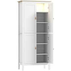 Armoire de cuisine led - 4 portes, 6 niveaux - poignée bouton doré effet cuir mdf blanc effet bois