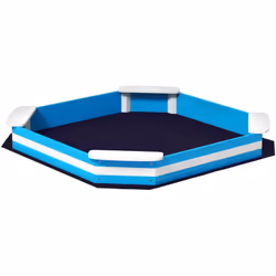 Explorez le bac à sable pour enfants AIYAPLAY ! Quatre assises confortables, design à rayures bleues et blanches, structure s ...
