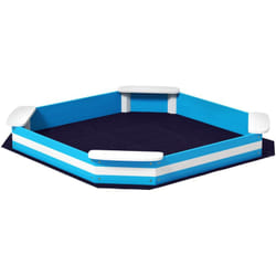 Bac à sable enfant 3-6 ans en bois - 4 sièges, doublure de fond - dim. 133 x 133 x 16 cm - bleu blanc