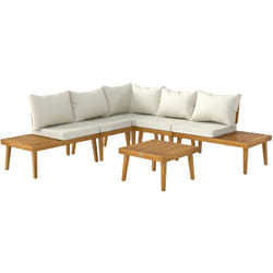 Outsunny - Salon de jardin d'angle 5 places en bois d'acacia avec table basse et tablettes latérales coussins crème