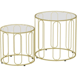 Homcom - Lot de 2 tables basses gigognes rondes style Art déco métal doré verre trempé