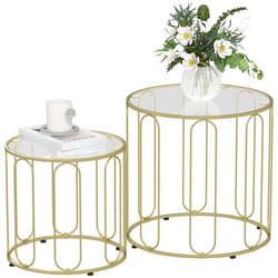 Lot de 2 tables basses gigognes - HOMCOM - rondes modernes - cadre en métal et plateau en verre - ton doré