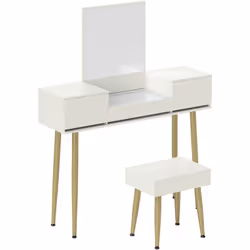 Explorez la coiffeuse avec tabouret HOMCOM : trois tiroirs élégants, un tabouret avec rangement caché, pieds en métal chic, s ...