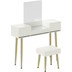 Homcom - Ensemble coiffeuse tabouret coffre avec miroir design - 3 tiroirs, plateau verre trempé - métal doré blanc