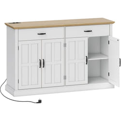 Buffet style rural chic - 4 portes 2 étagères 2 tiroirs - ports usb et multiprise intégrés - blanc effet bois chêne clair