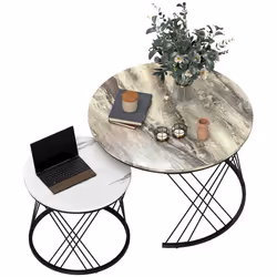 Lot de 2 tables basses gigognes - HOMCOM - rondes Ø 70/445 cm - plateau effet marbre - panneau de particules et métal - gris