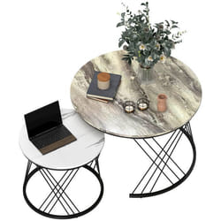 Lot de 2 tables basses gigognes - HOMCOM - rondes Ø 70/445 cm - plateau effet marbre - panneau de particules et métal - gris