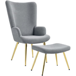 Ensemble fauteuil à oreilles repose-pieds style néo-rétro piètement acier doré effet laine bouclée grise
