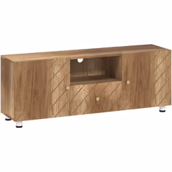 Explorez le meuble TV HOMCOM, mélange de modernité et rustique avec un revêtement en bois naturel et poignées en or. Adapté p ...