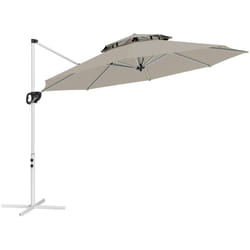 Parasol déporté octogonal inclinable rotatif dia. 3 x 2,5 m manivelle piètement croisé métal tissu gris clair