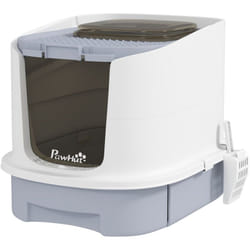 Maison de toilette chat - porte fumée, pelle, 2 sacs désodorisation, tiroir litière coulissant - entrée sortie - blanc gris