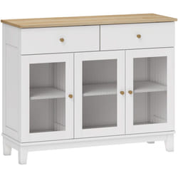 Buffet 3 portes vitrées nervurées 2 étagères 2 tiroirs poignées métal doré blanc effet bois clair