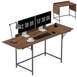 Bureau pliant - HOMCOM - 170 x 58 cm - moderne - avec 2 rabats pliables pour 2 écrans - pour chambre petits espaces - noyer