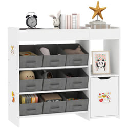 Etagère de rangement enfant pour jouets et livres - 9 boîtes amovibles tissu non-tissé gris - porte, niche, 2 compartiments