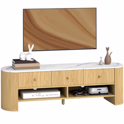 Meuble TV - HOMCOM - 140 cm - téléviseur 32-65 pouces - effet marbre - avec 3 tiroirs façades à cannelures - effet bois natur ...
