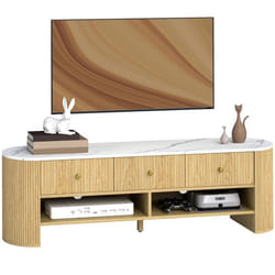 Meuble TV - HOMCOM - 140 cm - téléviseur 32-65 pouces - effet marbre - avec 3 tiroirs façades à cannelures - effet bois naturel