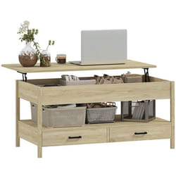 Table basse relevable - HOMCOM - tiroirs et compartiment caché pour salon bureau à domicile - chêne
