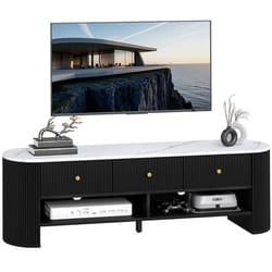 Meuble TV - HOMCOM - 140 cm - pour téléviseur 32-65 pouces - effet marbre - avec 3 tiroirs façades à cannelures - 2 étagères - noir