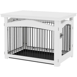 Cage barrière chien table basse d'appoint 3 en 1 plateau déjection amovible porte verrouillable acier mdf noir blanc