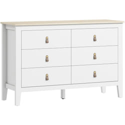 Commode 6 tiroirs sur pieds dim. 120 x 40 x 78 cm poignées pu métal doré blanc effet bois clair