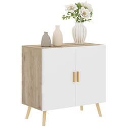 Buffet - meuble de rangement - avec poignées en bambou étagère ajustable base surélevée - 76 x 412 x 74 cm - blanc bois naturel