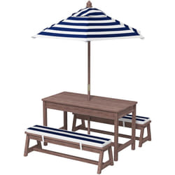 Table pique-nique enfant - ensemble salon de jardin enfant - 2 bancs, coussins et parasol - bois brun