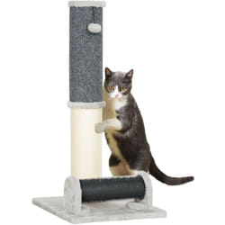 Arbre à chat - griffoir grattoir H.85 cm - jeu boule, bande massante - sisal naturel peluche gris