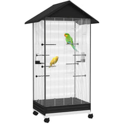 Pawhut - Cage oiseau sur roulettes - grande volière - plateau dejection amovible, mangeoires, perchoirs, portes - blanc noir