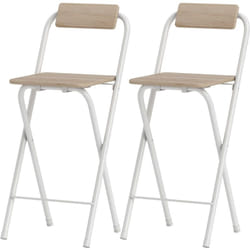 Homcom - Lot de 2 tabourets de bar pliants avec dossier et repose-pieds acier blanc effet bois clair
