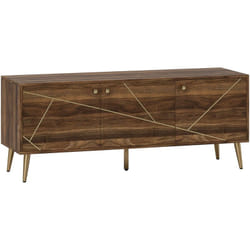 Meuble TV design 3 portes 2 étagères piètement effilé incliné acier poignées boutons lignes dorées effet bois