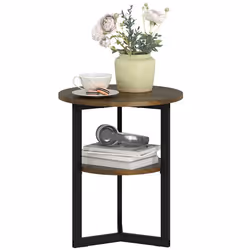 Table dappoint ronde - HOMCOM - industriel - étagères de rangement et cadre en acier - Ø 40 x 48 cm - marron