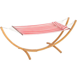 Outsunny - Hamac sur pied en bois - 1 place - bois teinte teck toile 100% coton rouge blanc rayée