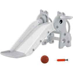 Toboggan enfant design girafon - panier de basket-ball intégré - ballon, pompe inclus - plastique gris blanc