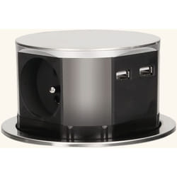 Cuisissimo - Prise plan de travail ruby - Bloc 3 prises + 1 usb-a + 1 usb-c rétractable inox