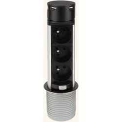 Cuisissimo - Prise plan de travail sky - Bloc 3 prises + 2 usb-a rétractable noir