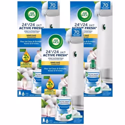 AIR WICK Lot de 3 Diffuseurs spray automatique désodorisant sans gaz Active Fresh + 1 recharge Fleur de Coton ET Orchidée