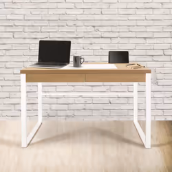 Caleb - Bureau Plateau Effet Bois et Piètement Blanc - Marron clair