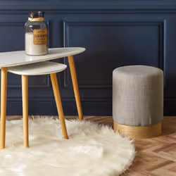 TOBIAS - Pouf Tissu Gris Clair et Base Aspect Bois