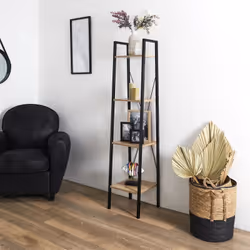 Dara - Etagère Simple 4 Plateaux Métal et Aspect Bois - Noir