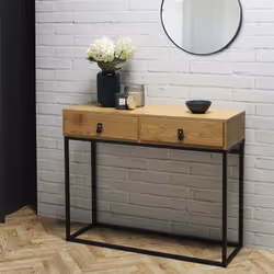 Abril - Console 2 Tiroirs Aspect Bois et Pieds Métal - Marron foncé