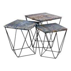 Altobuy - erling - Lot de 3 Tables Basses Acier et Effet Marbre Bleu - Noir