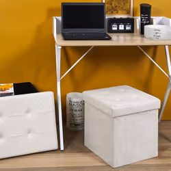 PAULA - Pouf-Coffre Pliable Capitonné Suédine Blanc - Vue supplémentaire 4