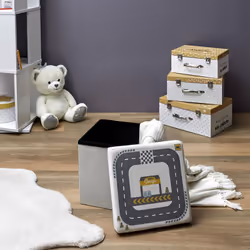 Child - Pouf-Coffre Pliable Velours Gris Clair Motif Circuit - Gris