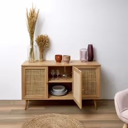 Maya - Buffet 3 Portes Effet Bois et Façades Rotin - Vue supplémentaire 4