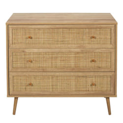 Maya - Commode 3 Tiroirs Effet Bois et Façades Rotin - Marron clair
