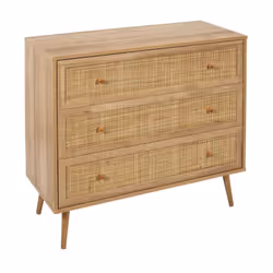 Maya - Commode 3 Tiroirs Effet Bois et Façades Rotin - Marron clair - Vue supplémentaire 4
