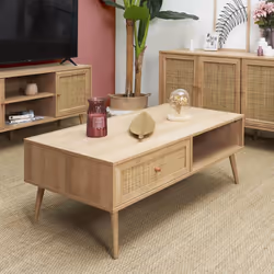 Altobuy - maya - Table Basse 1 Tiroir Effet Bois et Façade Rotin - Marron clair
