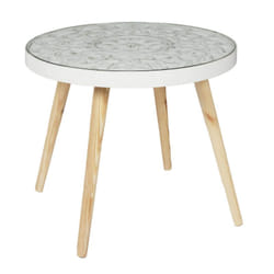 Altobuy - mandala - Table Basse Ø50cm Motif Floral et Verre trempé - Naturel