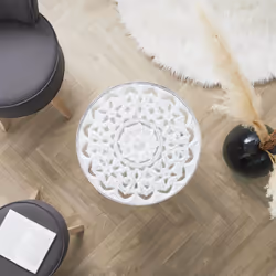 Altobuy - mandala - Table Basse Ø50cm Motif Floral et Verre trempé - Naturel